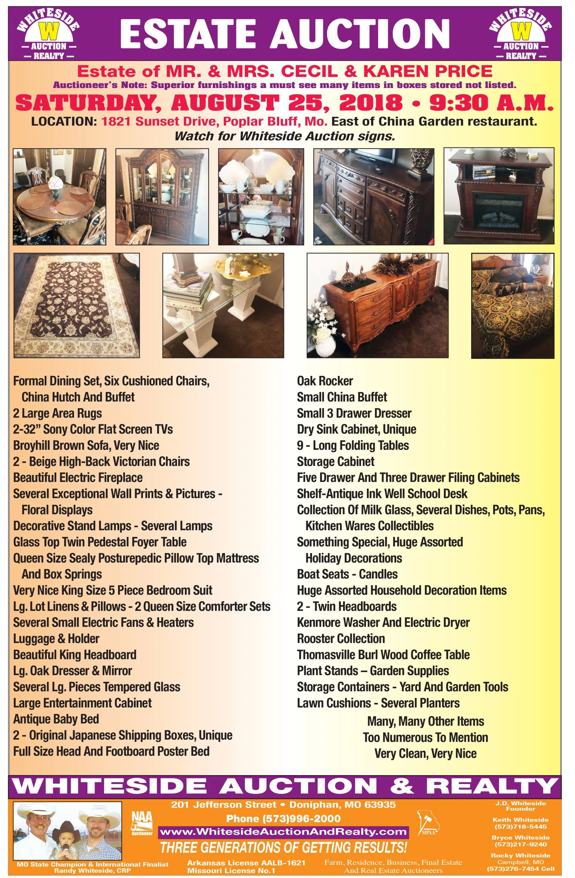 Estate auction flyer with images of furniture, held by Whiteside Auction & Realty.