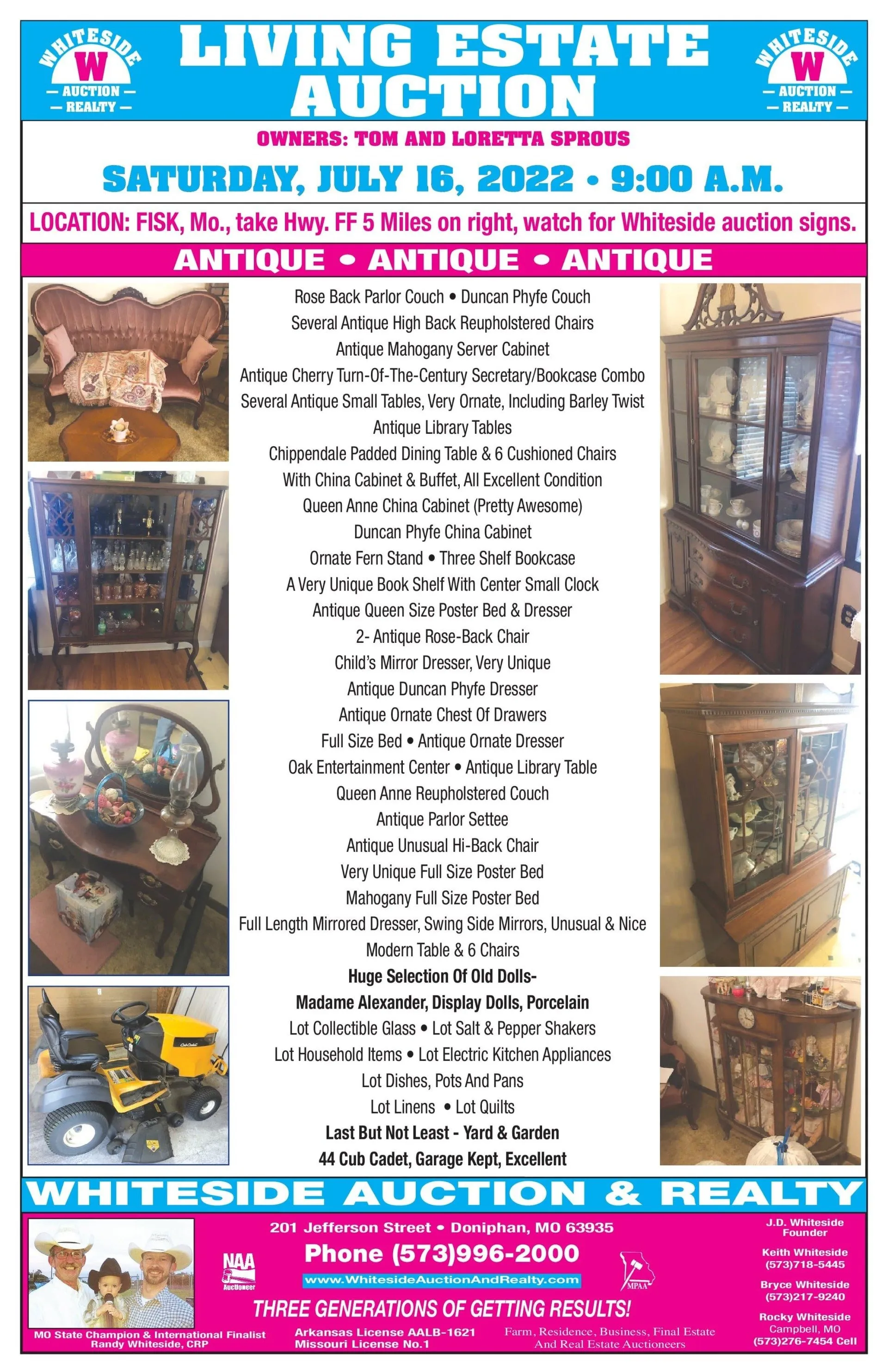 Auction advertisement: living estate sale. Saturday, July 18, 2022, 9:00 AM. Whiteside Auction & Realty. Items pictured.