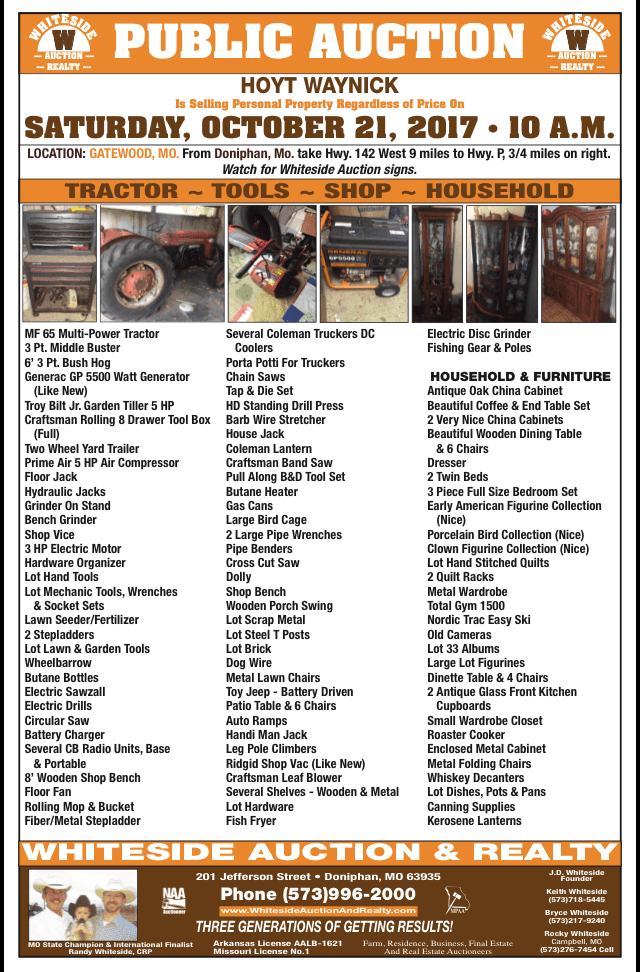 Public auction advertisement for Hoyt Waynick's property sale on October 21, 2017, featuring tractors, tools, shop, and household items.