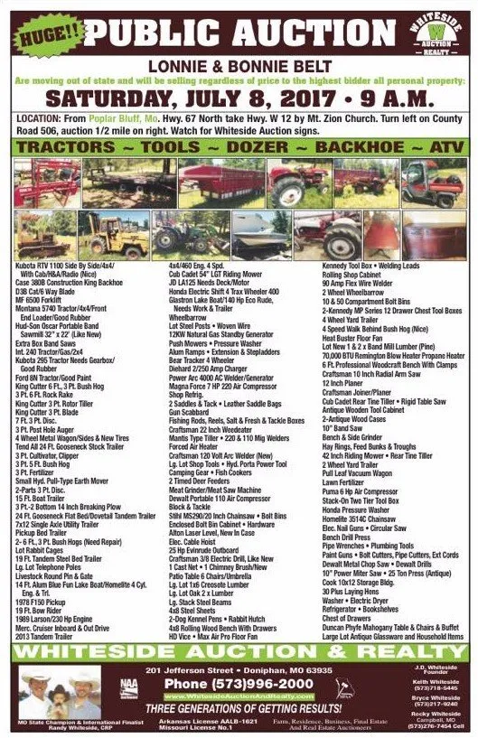 Public auction flyer. Text lists tractors, tools, dozer, backhoe, ATV. Whiteside Auction & Realty. Saturday, July 8, 2017.