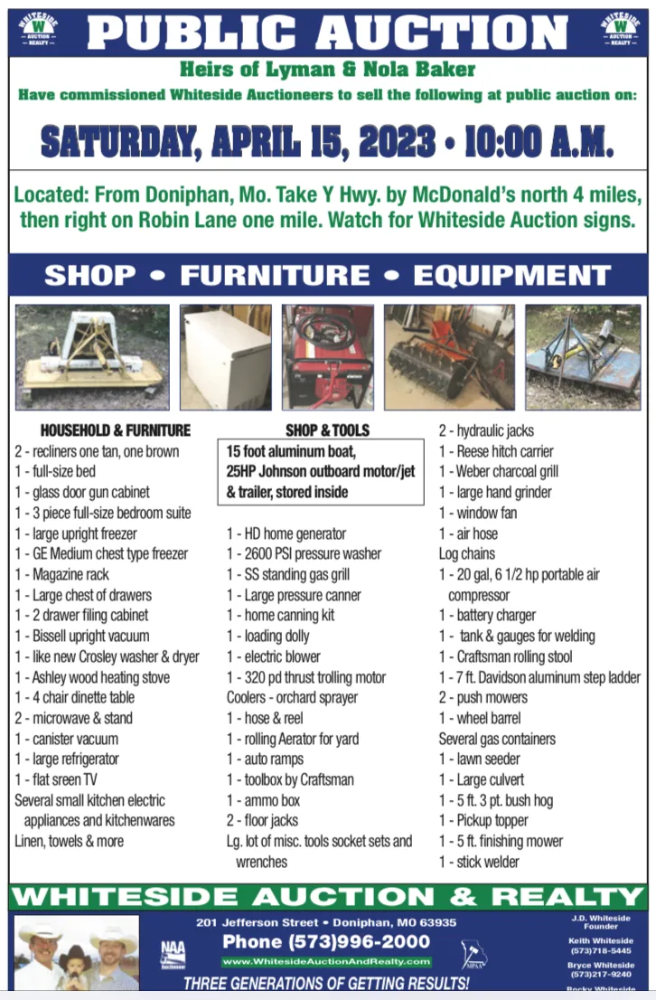 Public auction advertisement with various items for sale.