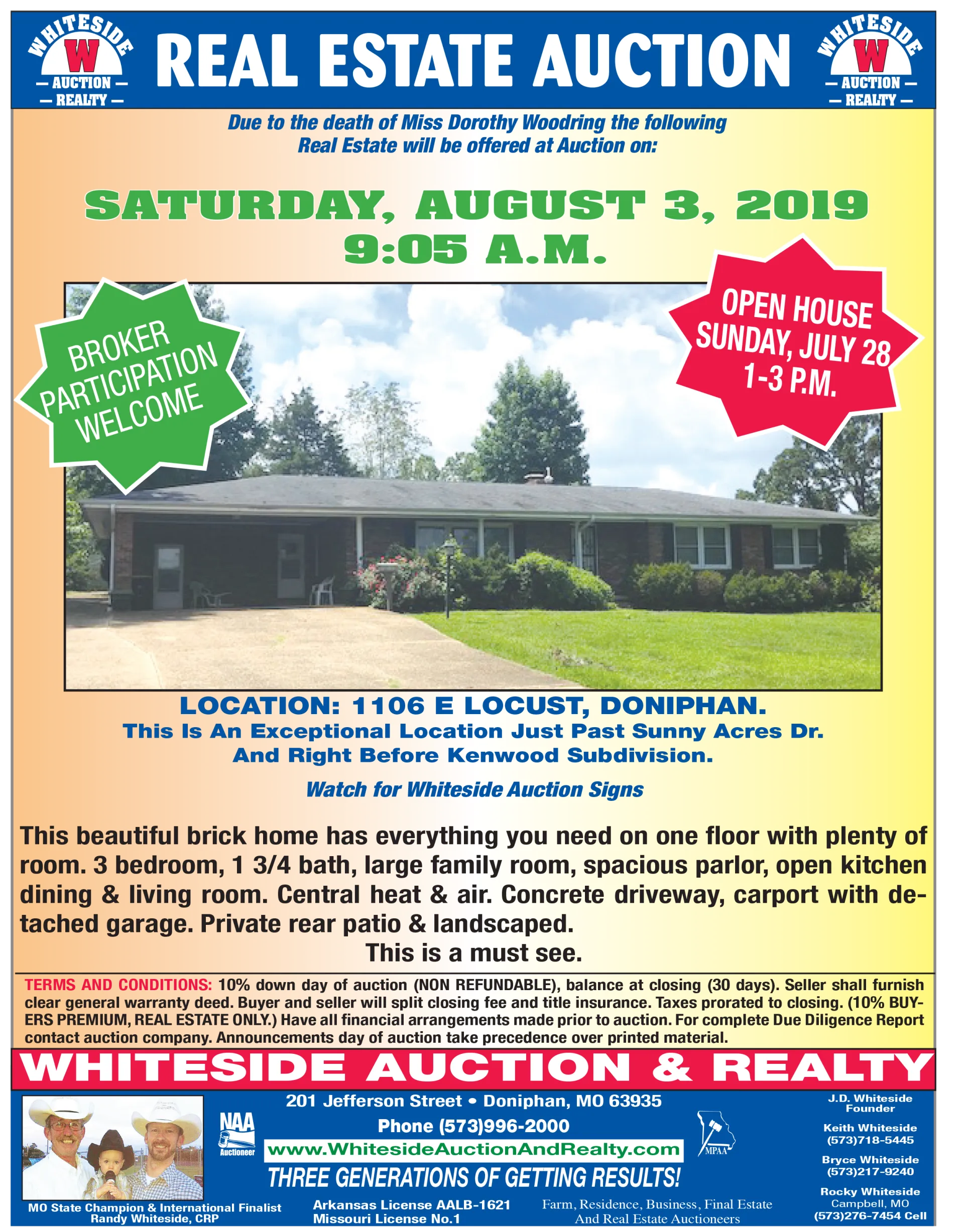 Real estate auction flyer for a home at 1106 Locust, Doniphan, with open house.