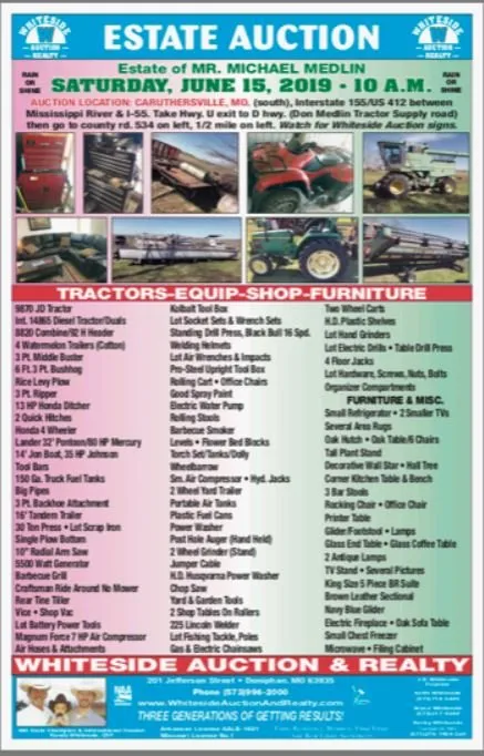 Estate auction advertisement for Mr. Michael Medlin, held June 15, 2019, in Carruthersville, MO.
