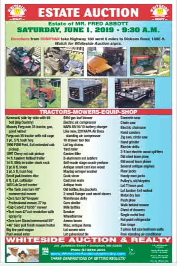 Estate auction advertisement: Tractors, mowers, and shop equipment. Saturday, June 1, 2018, at 9:30 AM.