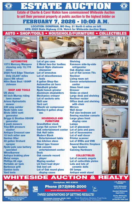 Estate auction advertisement featuring vehicles, tools, furniture, and collectibles. February 7, 2026, 10:00 AM. Whiteside Auction & Realty.