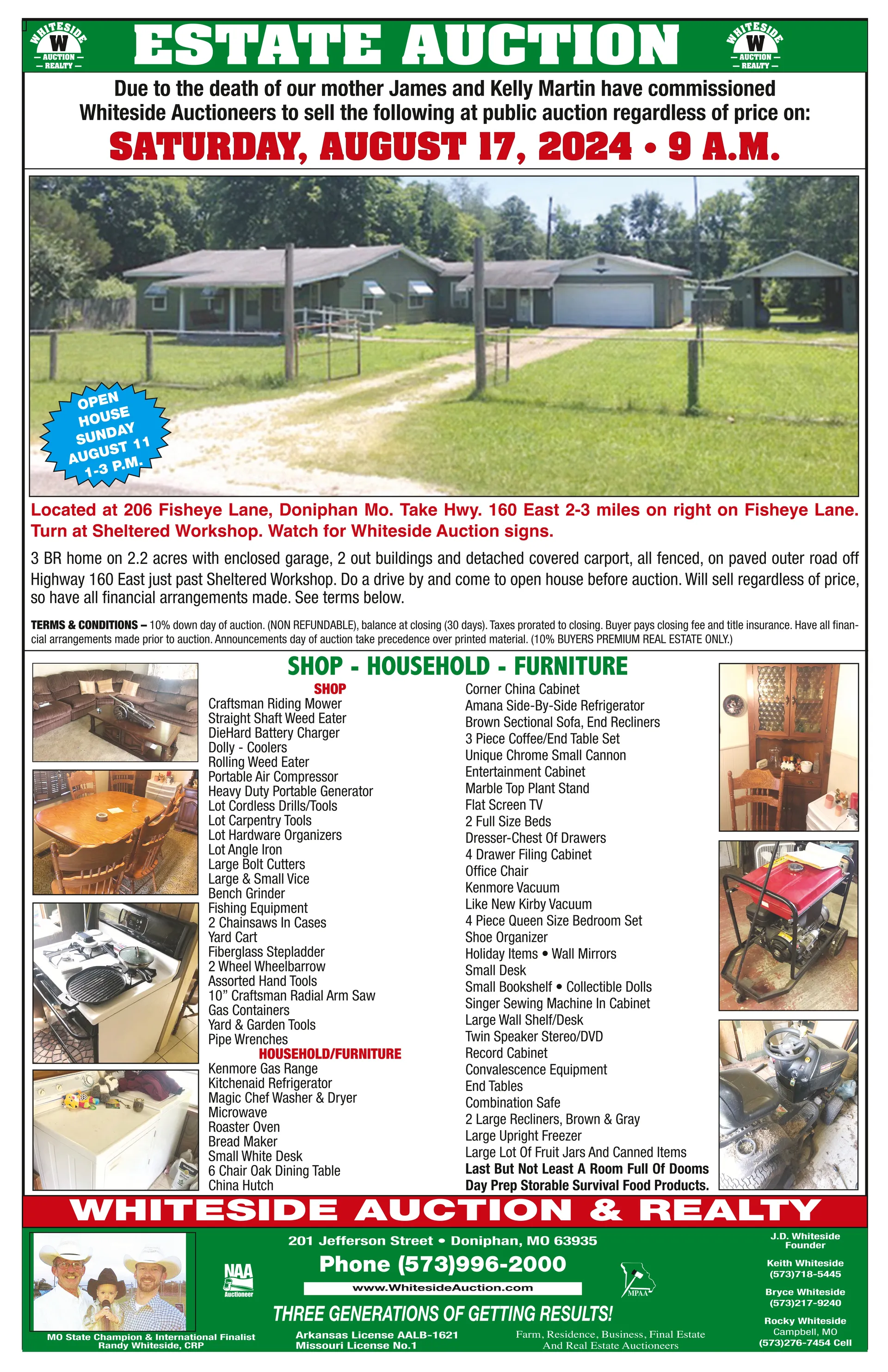 A flyer for an estate auction on saturday august 17 2024