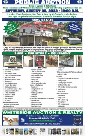 Public auction ad for property and items: house, furniture, and shop equipment.