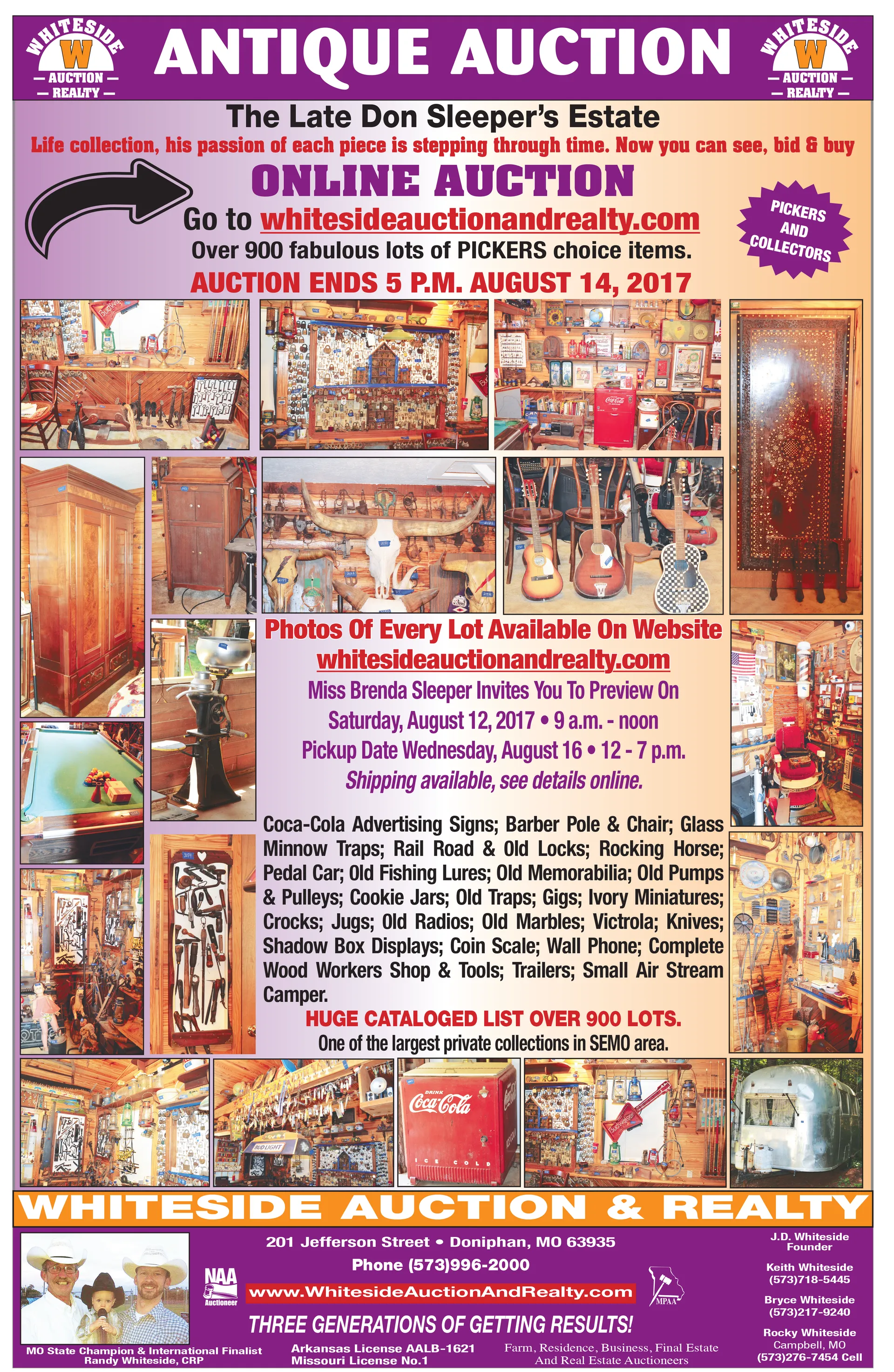Antique auction advertisement, featuring various antiques and a website for online bidding.