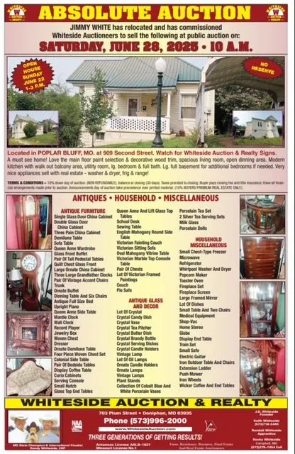 Auction announcement with a house and various antique, household, and miscellaneous items listed.