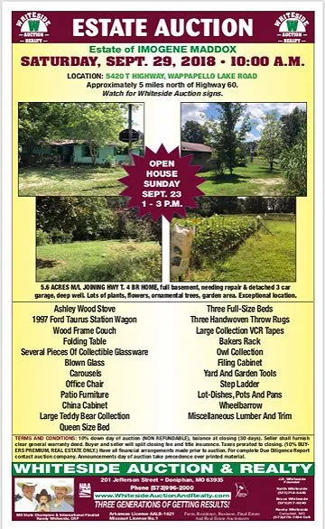 Estate auction advertisement for Imogene Maddox, Saturday, September 29, 2018, at 10:00 a.m.