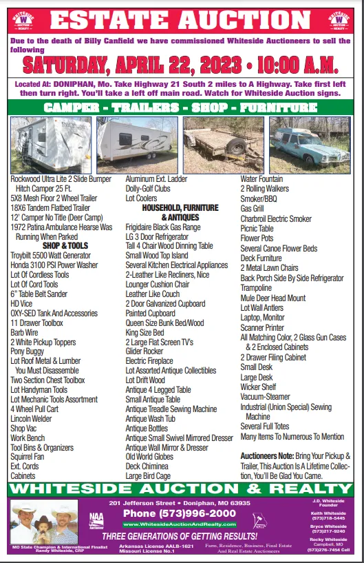 Estate auction flyer. April 22, 2023. Whiteside Auction & Realty. Items include campers, trailers, shop, and furniture.