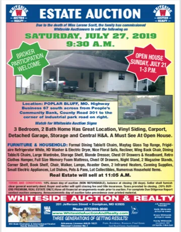 Estate auction flyer: Poplar Bluff home for sale, Saturday, July 27, 2019, 9:30 AM. Open house Sunday, July 21, 1-3 PM.