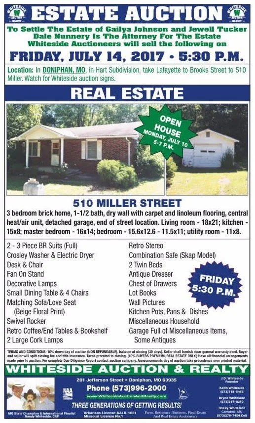 Estate auction advertisement; house for sale at 510 Miller Street, with details and open house information.