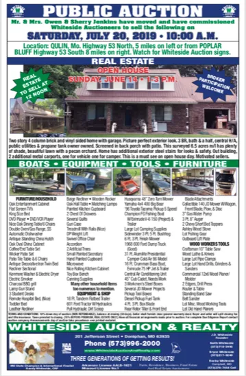 Public auction advertisement for real estate, boats, equipment, tools, and furniture.