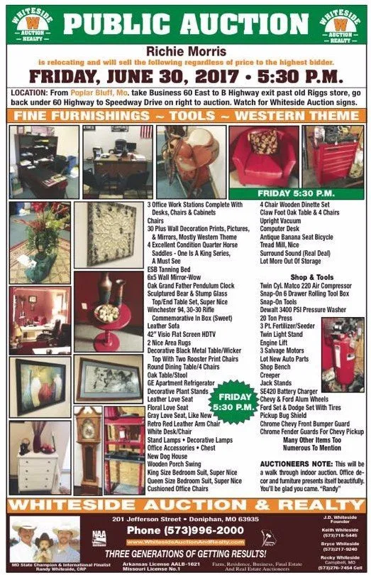 Public auction advertisement for furniture, tools, and Western-themed items, held in Whiteside County.
