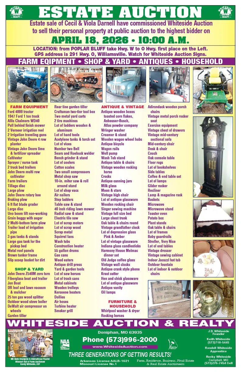 Estate auction flyer for the Cecil S. Rule Darrell estate on April 18, 2020, listing farm equipment, tools, and antiques.