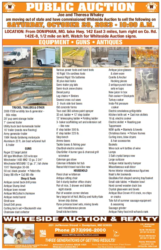 Public auction advertisement with various equipment, guns, and antiques for sale on October 28th.