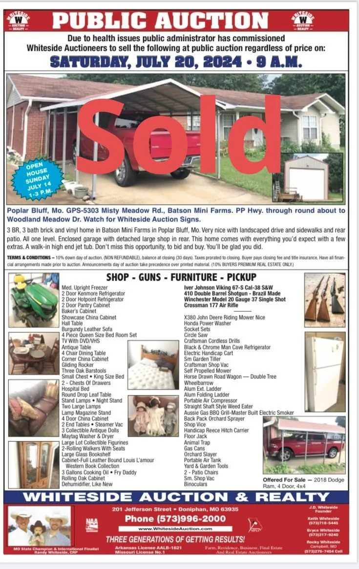 A poster for a public auction on Saturday July 20, 2024