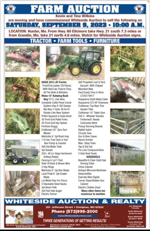 Farm auction advertisement for Whiteside Auction & Realty on Sept 9, 2023, featuring farm equipment and furniture.