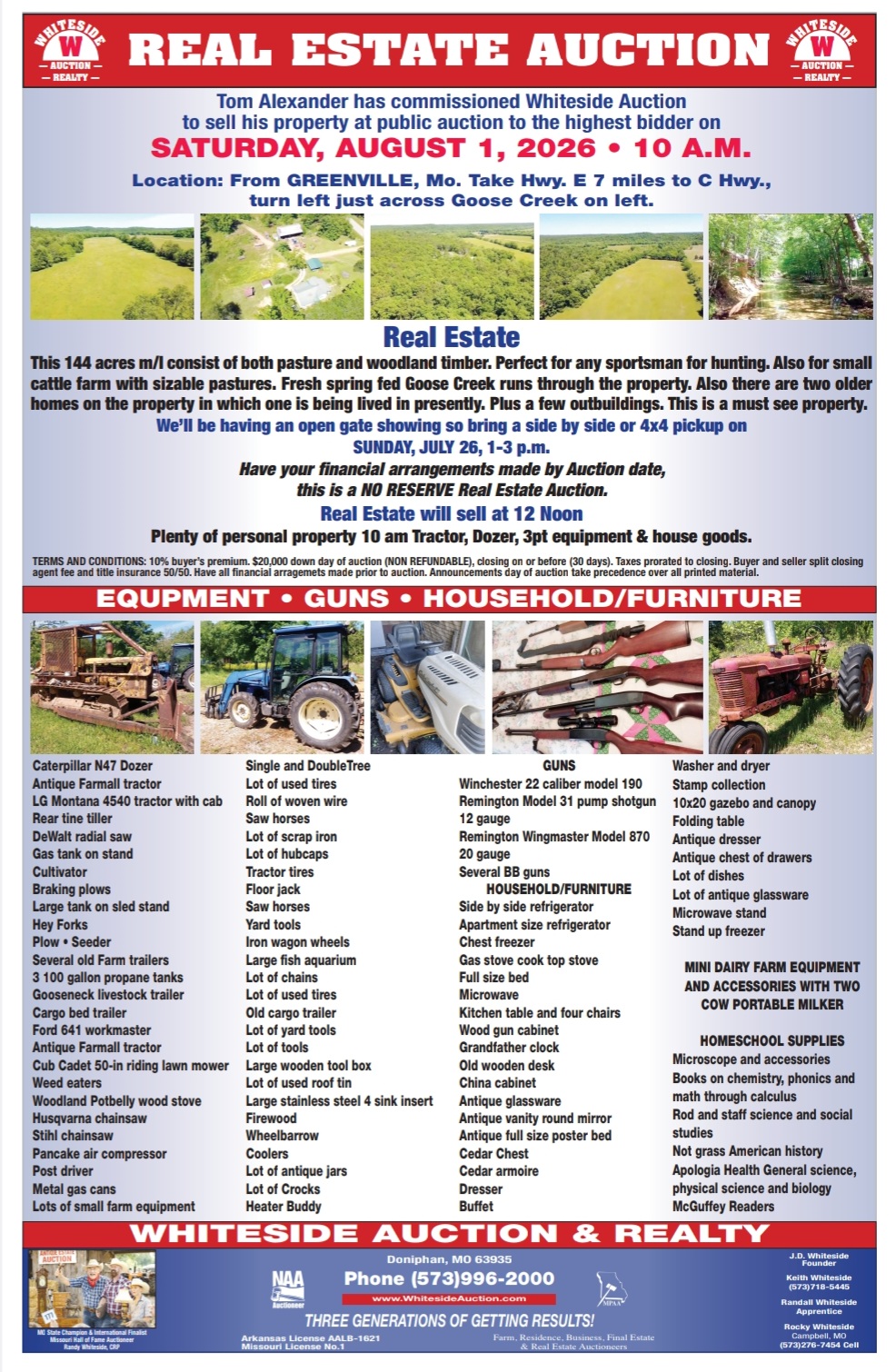 Whiteside Auction and Realty real estate auction flyer for Saturday, August 1, 2026 at 10 A.M.