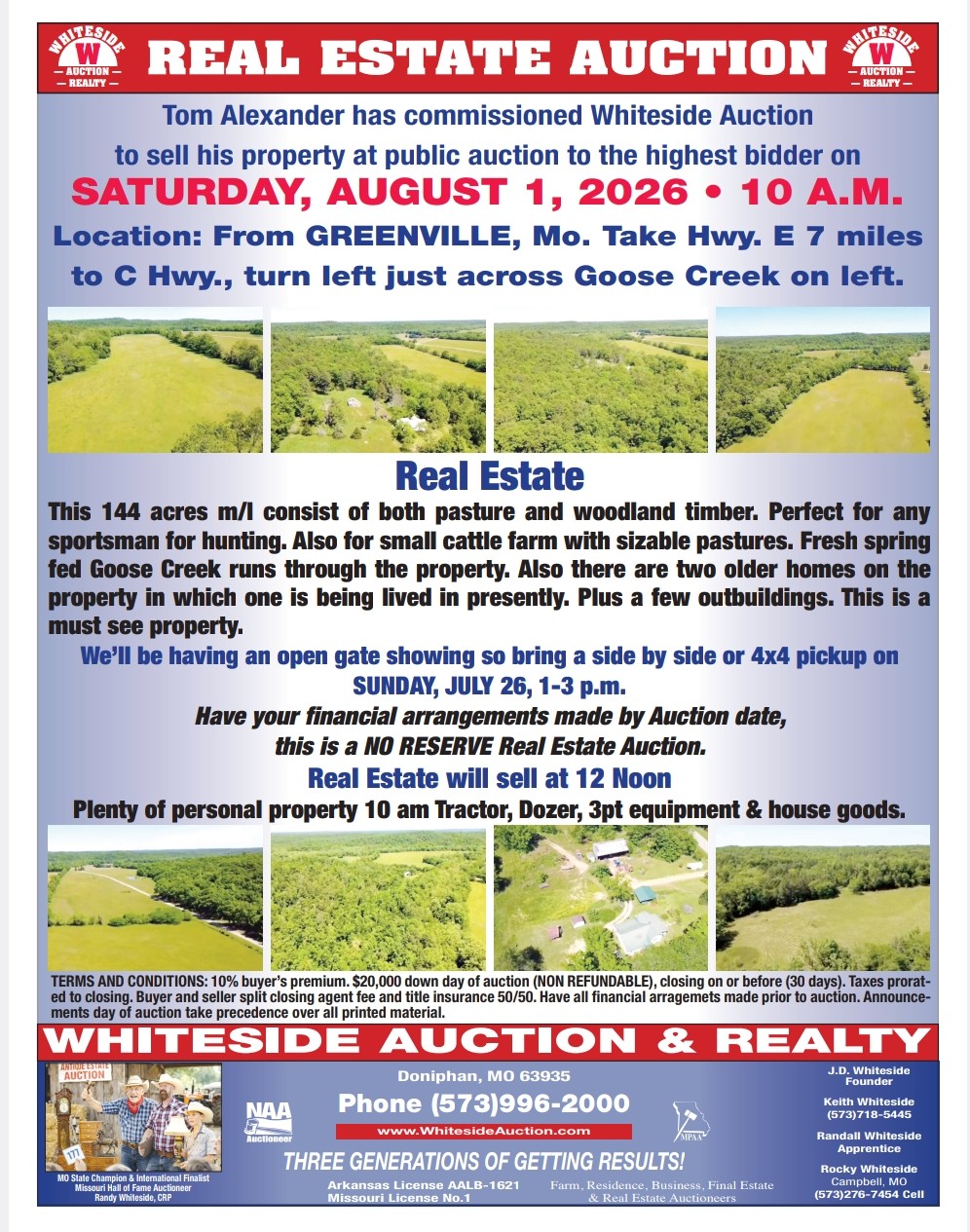 Whiteside Auction and Realty real estate auction details for the Tom Alexander property on Saturday, August 1, 2026.