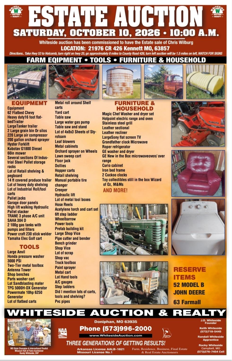 Whiteside Auction and Realty flyer for the Chris Wilburg estate auction on Saturday, October 10, 2026 at 10:00 A.M. near Kennett, Missouri.